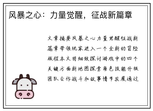 风暴之心：力量觉醒，征战新篇章